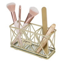 PuTwo Makeup Brush Holder Cosmetic Organizer Brass Glass Vintage Storage  with White Pearls, Golden 