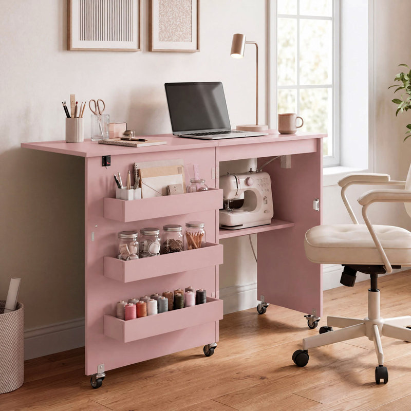 MDF Armoire Desk with Built-In Electrical Outlet, Pink