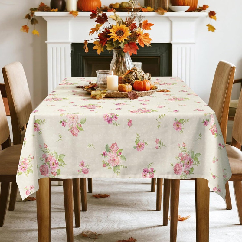 Pink Floral Tablecloth Waterproof, Vintage Beige Table Cloth Rectangle Stain Resistant(140 * 180Cm)