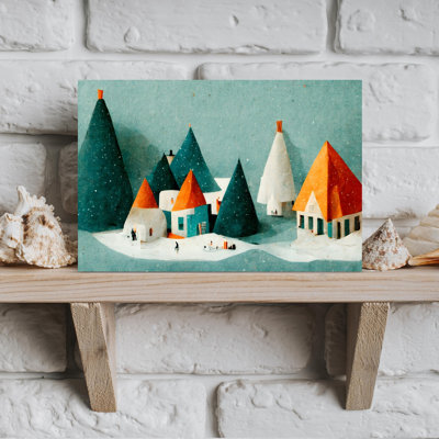 Cute Village Abstract Geometric Contemporary Pine Tree Winter Architecture Wall Art Print 1 Piece Wrapped Canvas Wall Art