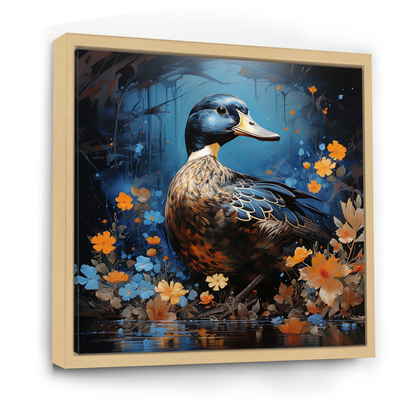 «Blue Duck Midnight Ponder II», art mural canard, Cadre flottant brun, H 16 po x l 16 po x P 1 po