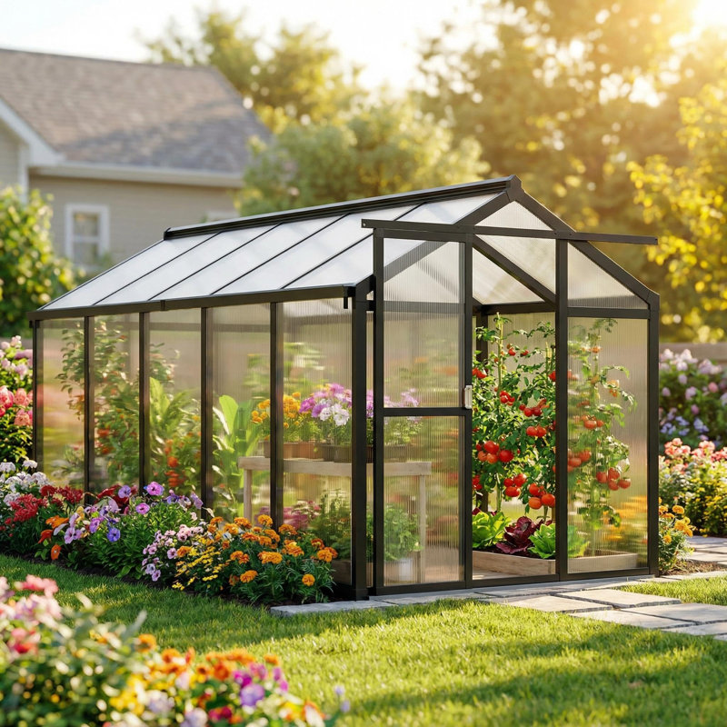 Walk-in Greenhouse Kit with Aluminum Frame, Polycarbonate Panels, Adjustable Roof Vent, Sliding Door & Secure Lock for Outside Garden or Backyard, 6x10 FT