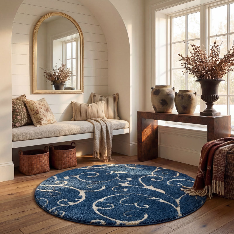 Tapis Amza, Rond 6 pi 7 po, Bleu foncé / Crème