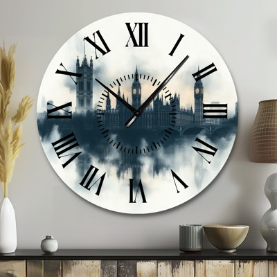 London Foggy Morning Skyline - Industrial Metal Wall Clock