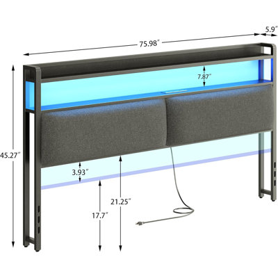 Headboard For Bed Frame, Headboards With Outlets, USB Ports And 60,000 DIY Color LED Light, Upholstered Head Board With Storage, Height Adjustable, Bl by Brayden Studio