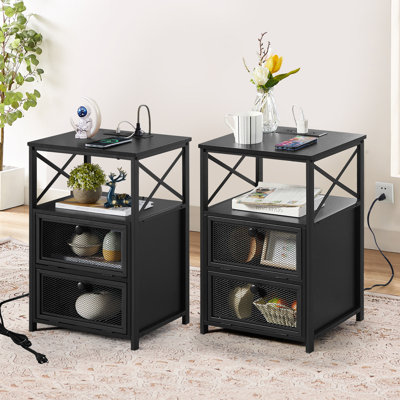 Nightstand Set With Charging Station End Side Tables Set With Storage Drawers And USB Ports & Power
