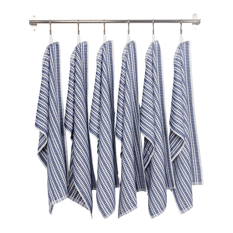 Set of 6 Blue and White Ripple Terry Kitchen Towels - 16" x 28"