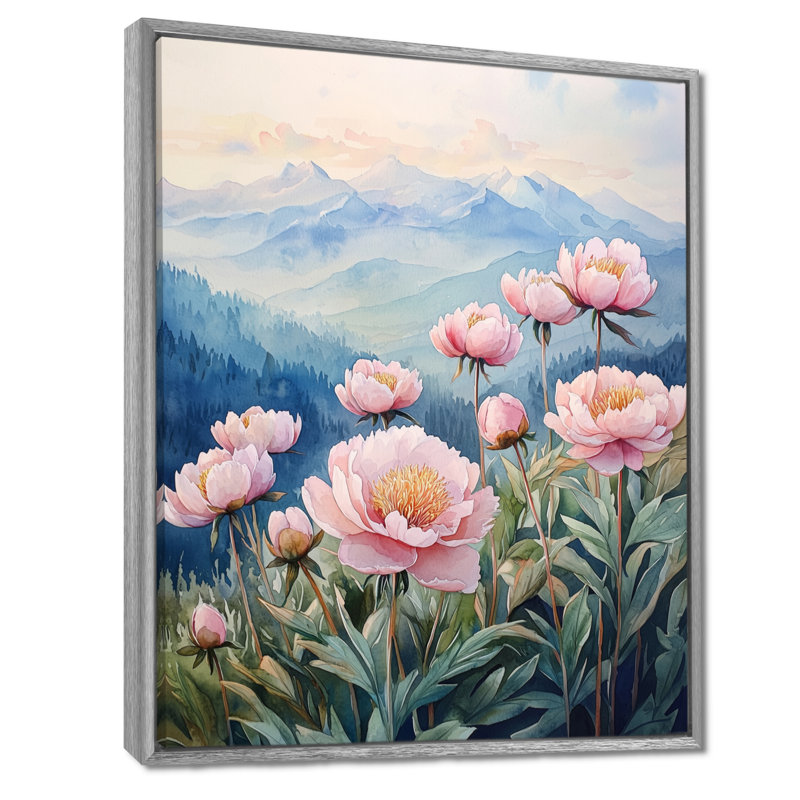 Pivoines dans la haute crête I - Pivoines, reproductions encadrées, H 32 po x l 16 po, Reproduction avec cadre flottant