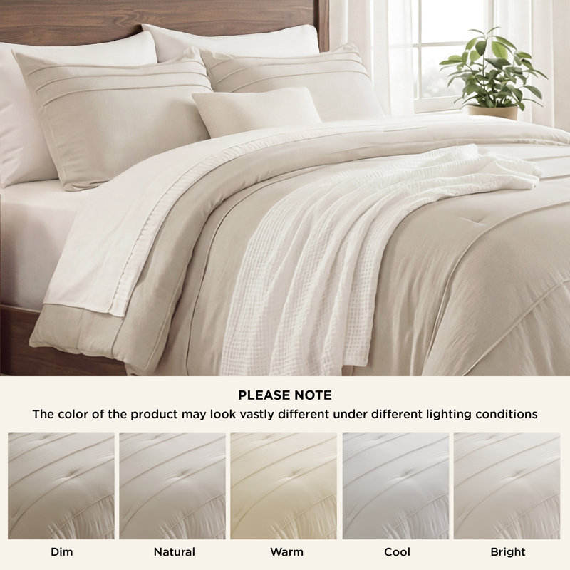 Ensemble d'édredon literie très grand, literie prélavée douce beige, ensemble de lit plissé rayé 3 pièces pour toutes les saisons, 1 édredon et 2 taies d'oreiller
