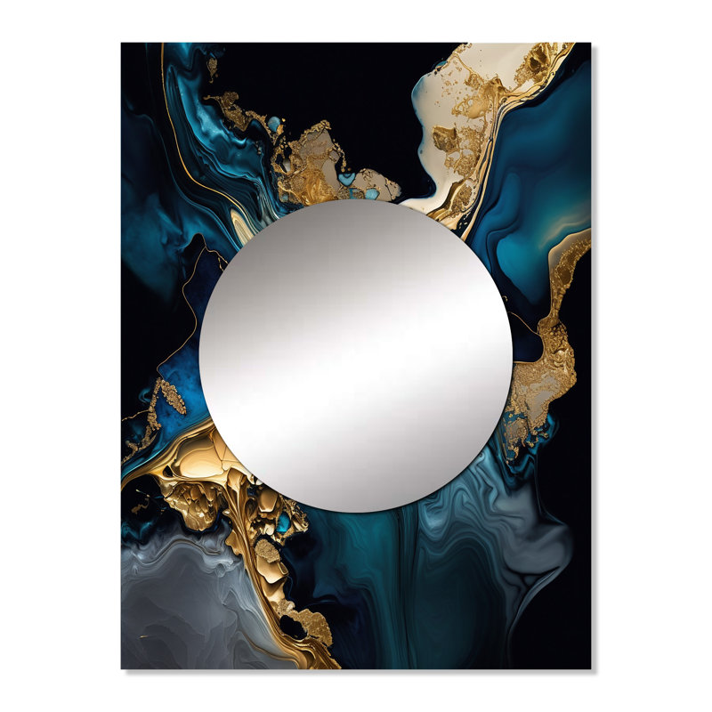Abstrait géode marbre bleu IV - grand miroir mural en marbre, miroir décoratif moderne, impression d'art en métal