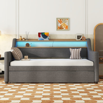 Daybed with Trundle Bed, Upholstered Daybed with Charging Station and LED Lights