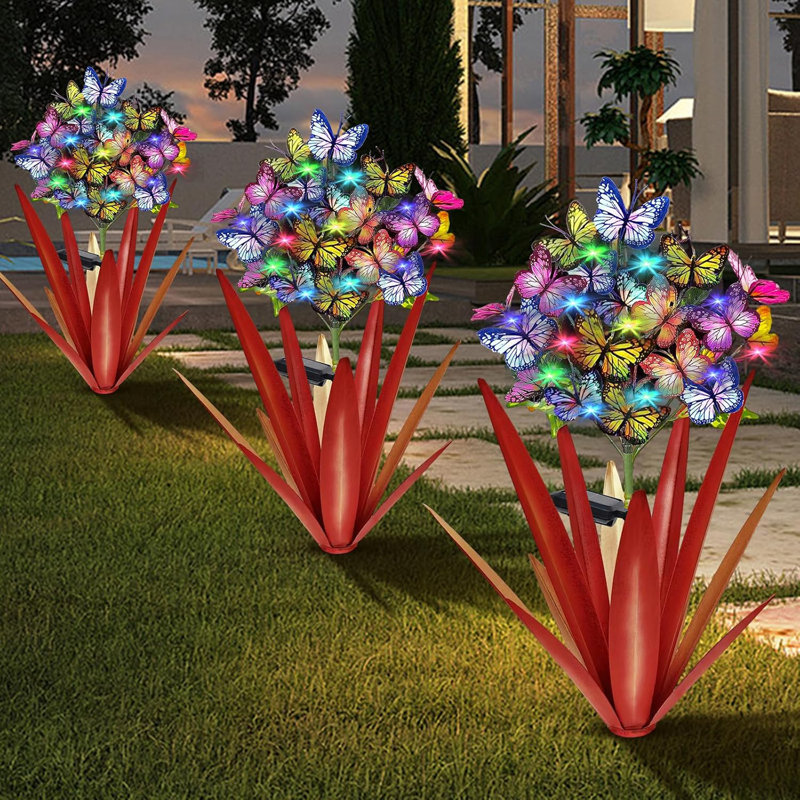 Green Solar Metal Agave Butterfly Garden Sculpture Set