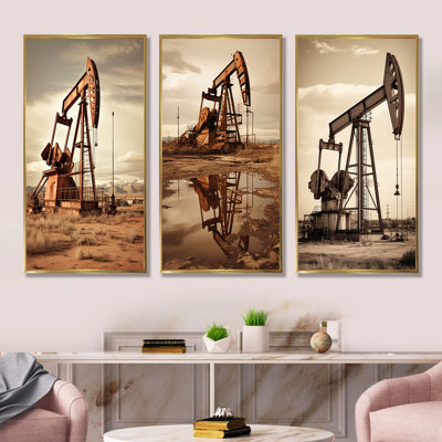 Moderne moderne, champ de forage en sépia, ensemble de 3 impressions sur toile