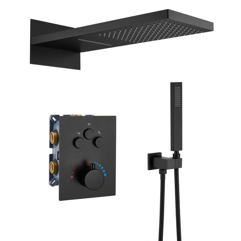 3-Function Rainfall Thermostatic Complete Shower System with Rough-in Valve, Matte Black