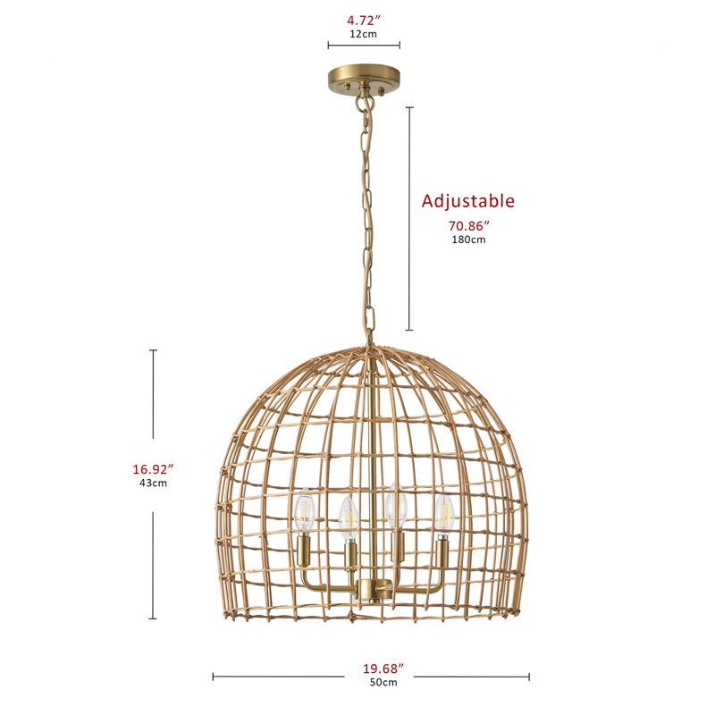 Robbie 4-light 19.69 inch Oversize Rattan Boho Dimmable Adjustable Pendant Light Chandelier