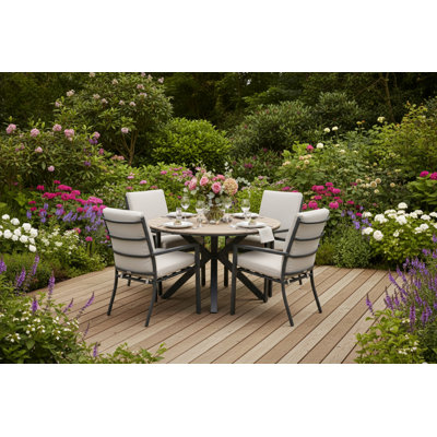 Cambra 122cm Round 5 Piece 4 Person Outdoor Table Set with Cibecue Dining Chairs - Cushions
