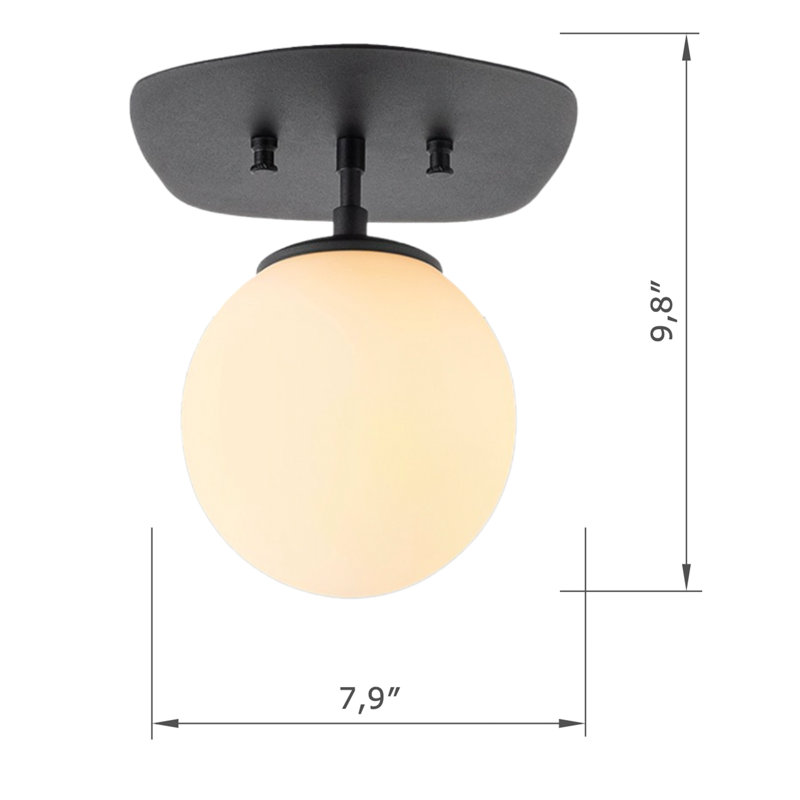 Metal Body Globe Semi Flush Mount With Glass Cap, Black/Yellow