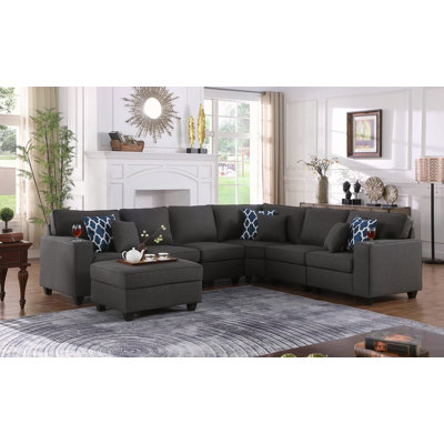Cooper 125" Dark Gray Linen 7Pc Reversible L-Shape Sectional Sofa With Ottoman And Cupholder