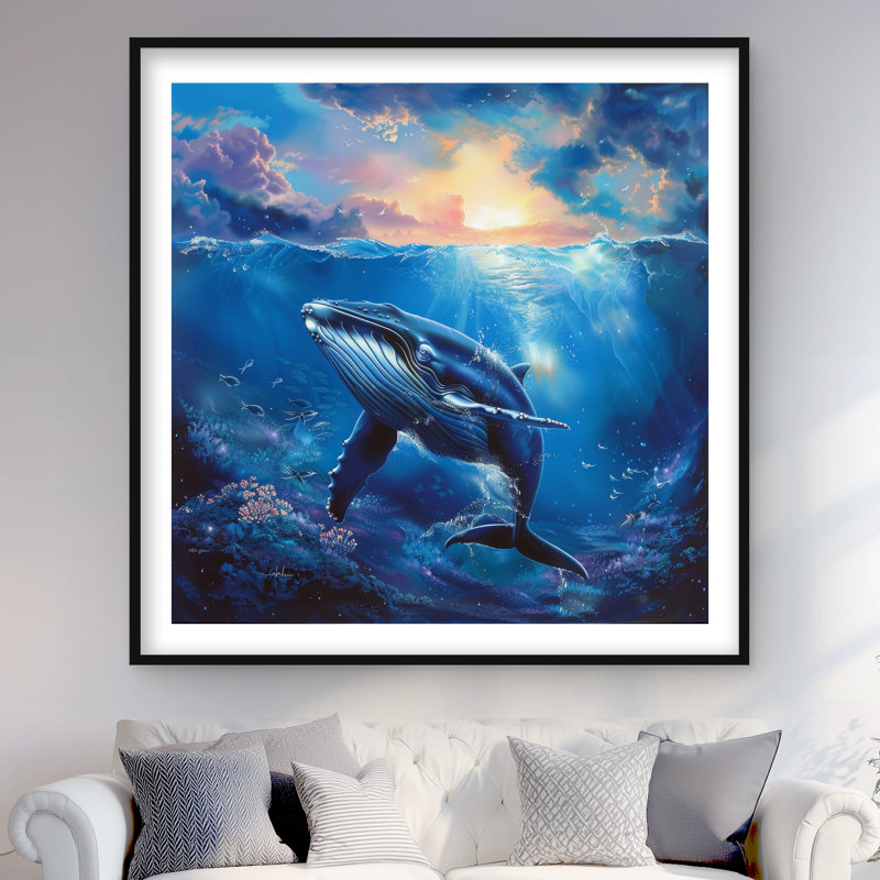Baleine dans l'eau - mauve, reproduction encadrée | Décoration intérieure