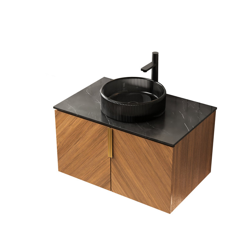 Meuble-lavabo de 30 po: armoire à deux portes, lavabo en verre noir transparent, lavabo en contreplaqué, installation facile