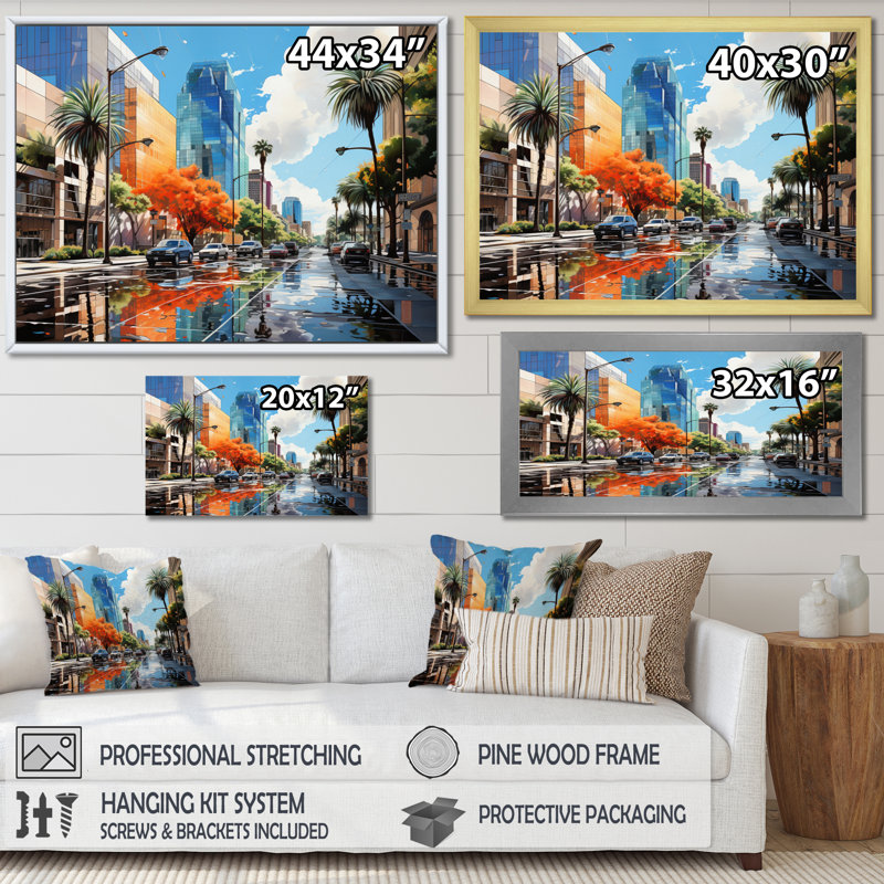 Pop Los Angeles I sur impression sur toile, Cadre flottant noir, H 16 po x l 32 po x P 1 po