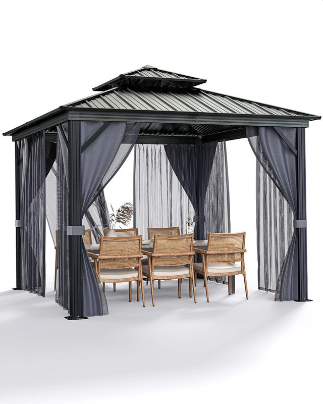 Hardtop Gazebo with Double Metal Roof, Aluminum Frame & Netting for All Weather Outdoor Use, 118" H x 120" W x 120" D