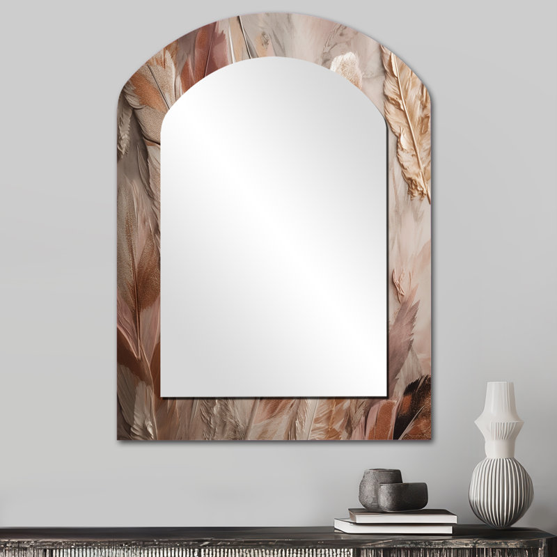 Gold Glamorous Feathers Of Boho Fantasy V - Glam Feather Asymmetrical Mirror, Gold Arch Decorative Wall Mirror, Printed Metal Art