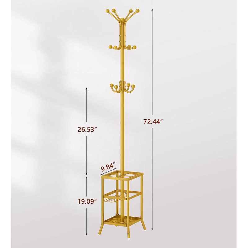 Metal Freestanding 12 - Hook Coat Rack, Gold