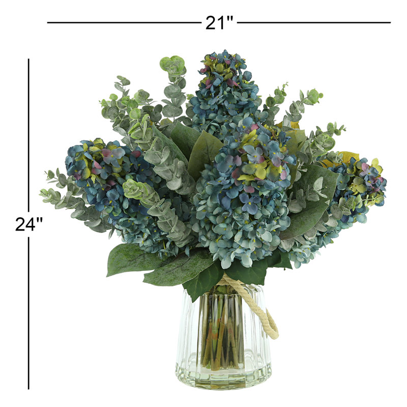 Traditional Thistle Hydrangea and Lilac Arrangement in Glass Vase with Rope Accent, Blue