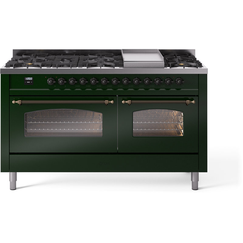 ILVE Nostalgie II 60 Dual Fuel Range, 9 Burners, Griddle, Burgundy/Bronze, Natural Gas
