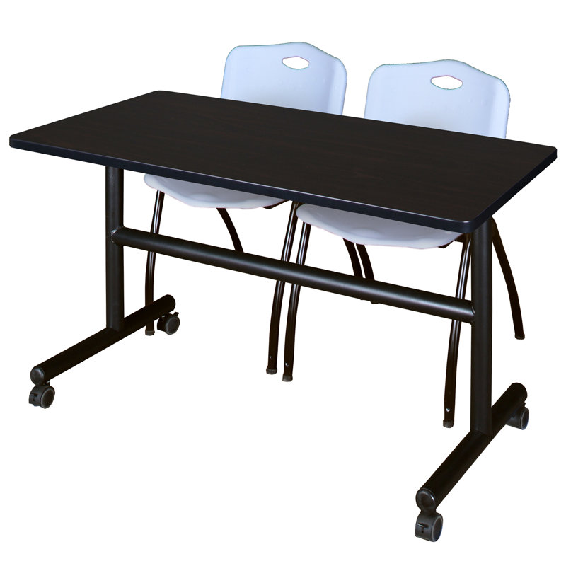 Table gigogne d'appoint Nevjana, 2 chaises empilables, Acajou, Gris, H 29 po x l 72 po x P 30 po