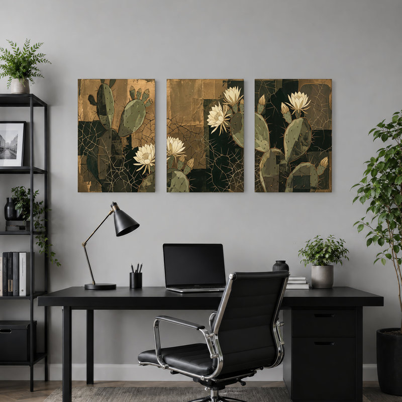 Ensemble de 3 toiles de cactus prickly avec fleurs blanches, 36"H x 24"W x 3pcs