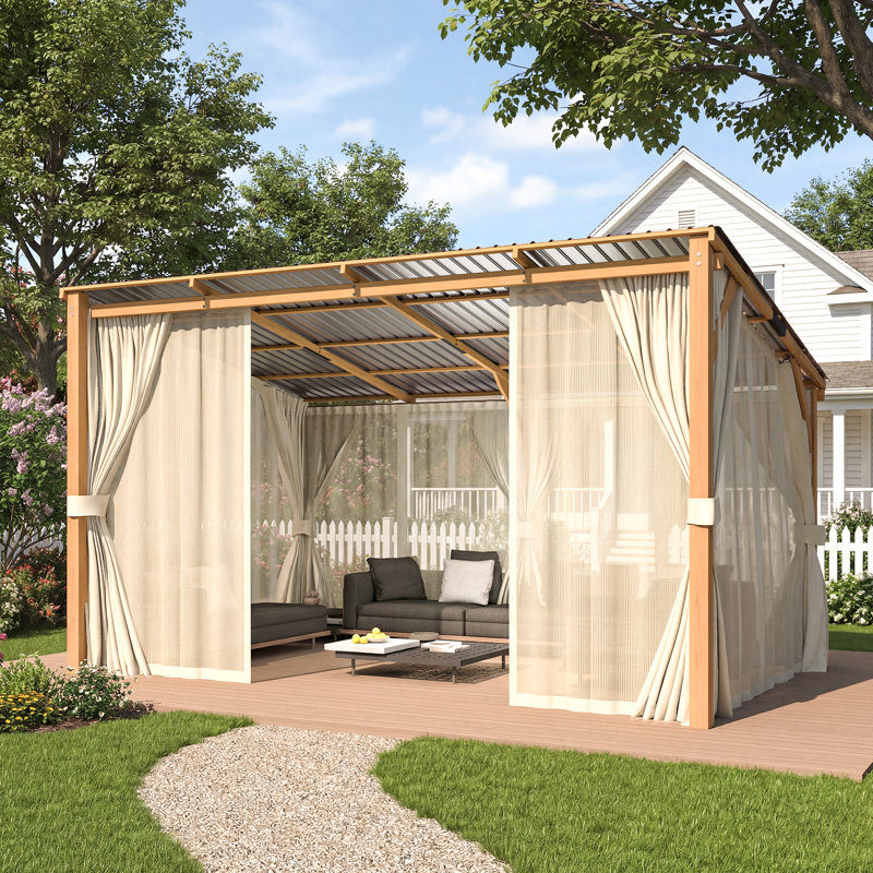 Pergolas et abris de jardin extérieurs en bois à toit rigide avec rideaux et moustiquaire, H 96,5 po x l 165,7 po x P 110 po