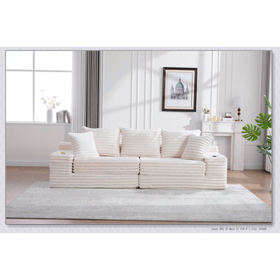 Oversized Boneless Four Seats Sofa with Cup Holder and Side Pockets, Upholstered Corduroy Sofa Bed Cloud Couch with 3 Pillows, 2 Lumbar Pillows, No Assembly, Breathable Material