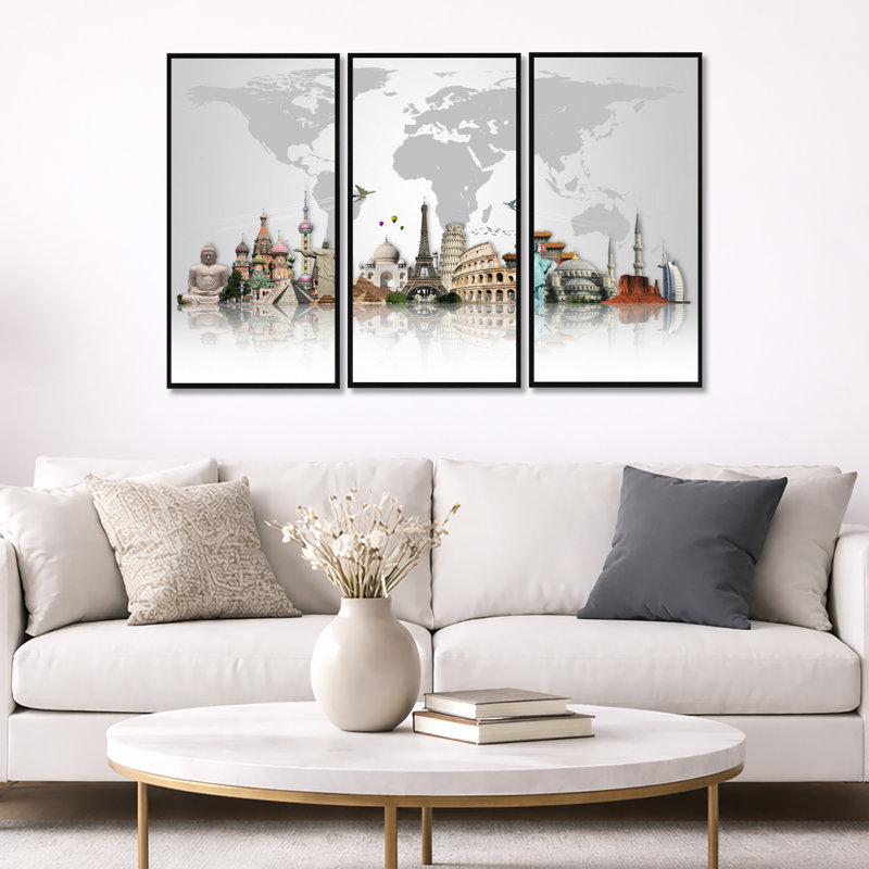 "Famous Monuments Across World", 3 pièces, cadre flottant, impression sur toile, H 32 po x l 48 po, Noir, noir, noir, noir