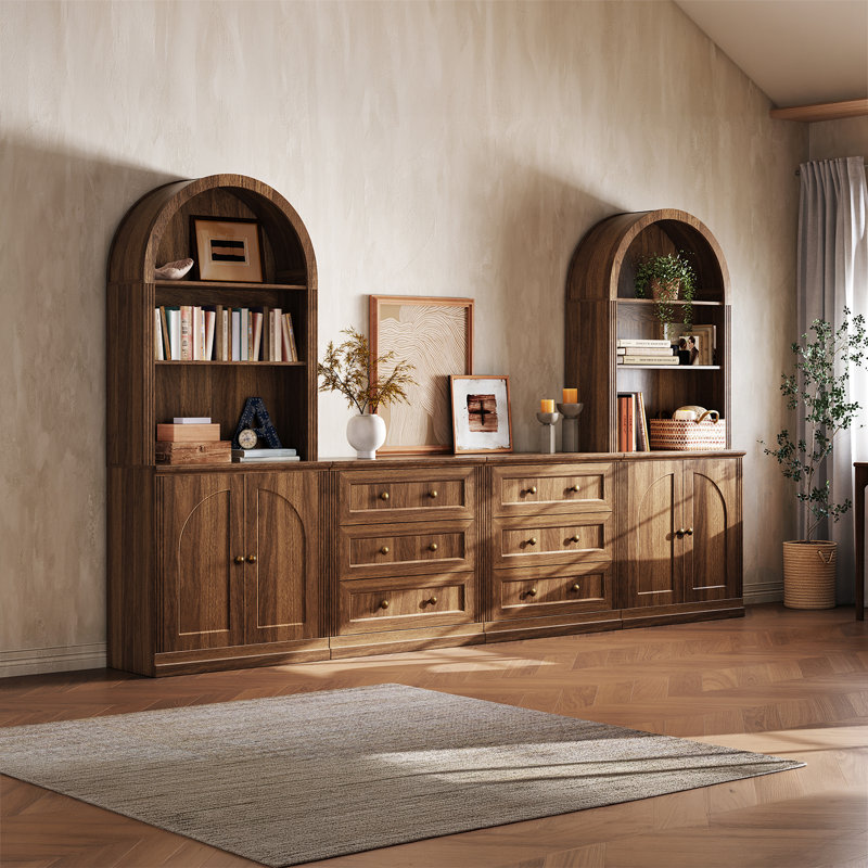 Garde-manger modulaire moderne Monos avec tiroirs, meubles bas à portes à charnières et armoires hautes cintrées, noyer
