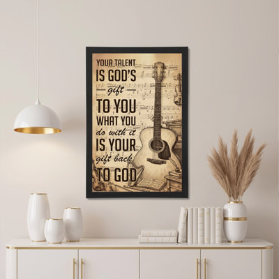 Acoustic Guitar And Musical Notes With Inspirational Quote Canvas Wrapped Wall Art Oil Painting Print Set Of 1