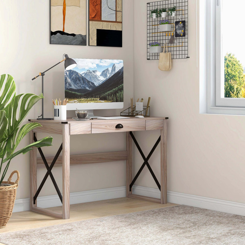 X-Frame Rustic 44 Inch Home Office Writing Desk, Farmhouse Style Computer Work Table With Storage Drawer