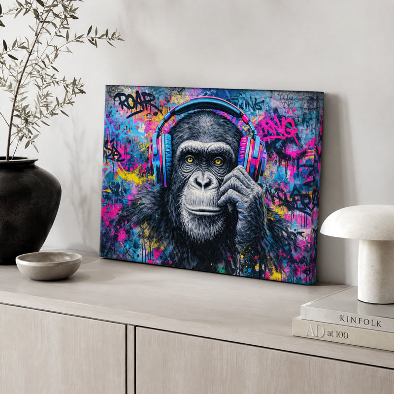 Chimpanzé, casque d'écoute, graffiti, Toile tendue, H 32 po x l 48 po x P 1,5 po