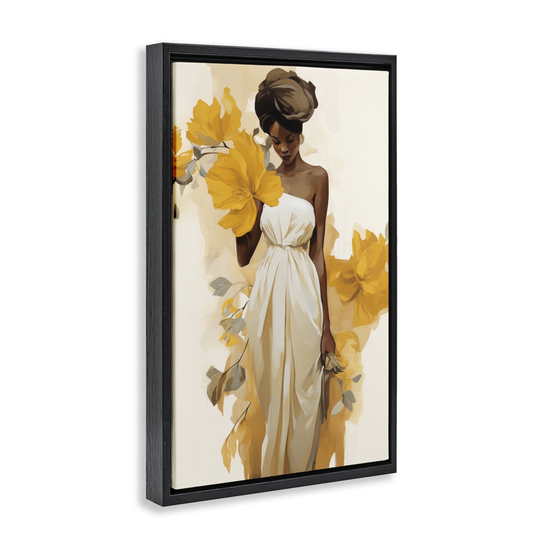 «Elegant Floral Woman», toile encadrée par Raymond Powers, H 25 po x l 17 po, Cadre flottant noir de jais