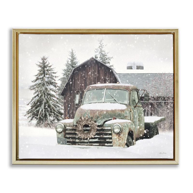 Camion et grange d'hiver rustique, Cadre flottant métallique doré, H 25 po x l 31 po