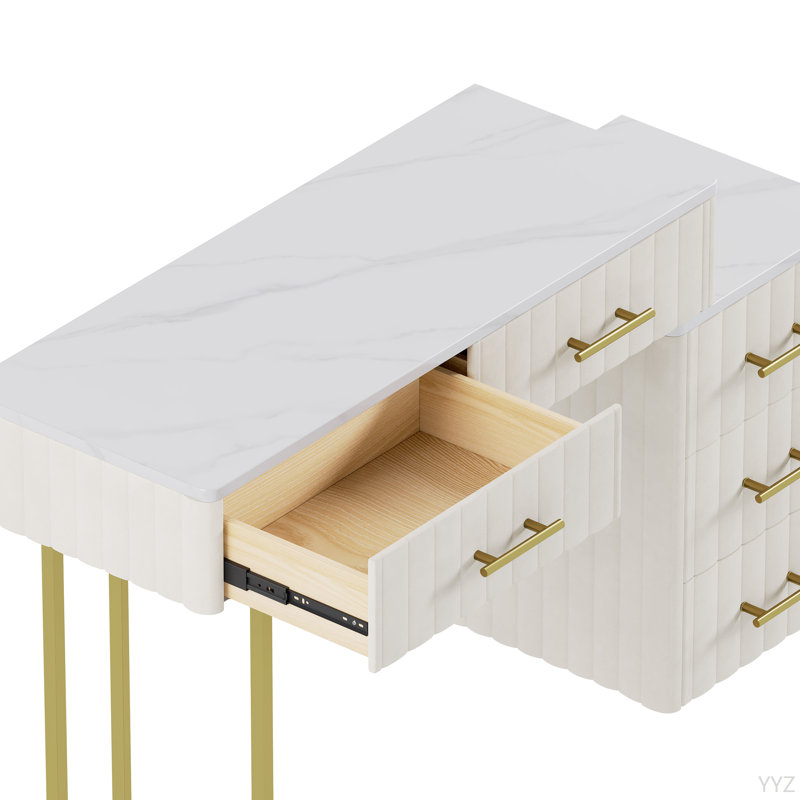 Makeup Vanity Desk Set With 5 Drawers And Chair, White/Beige