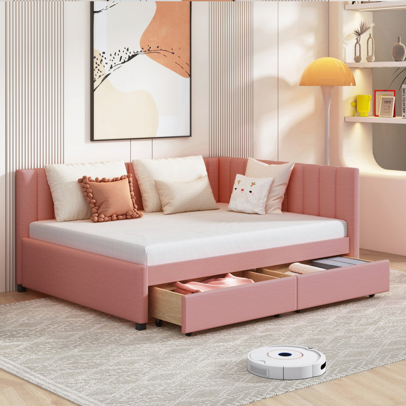 Upholstered Daybed, Bed Frame With 2 Storage Drawers, Pink