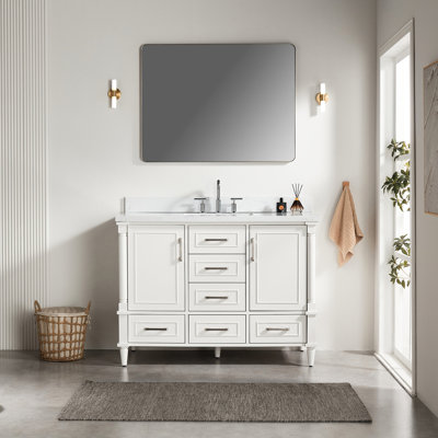 Meuble-lavabo autoportant de 48 po, entièrement assemblé, bois d'hévéa massif blanc, charnières à fermeture douce, 2 poignées différentes, marbre d'ingénierie avec dosseret de 4 pouces et portes à fermeture simple, poignée