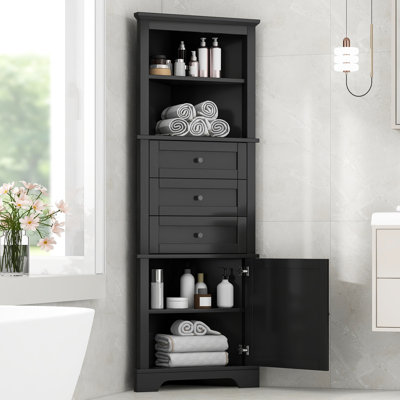 Grande armoire triangulaire noire avec 3 tiroirs et tablettes réglables pour la salle de bain, la cuisine ou le salon, panneau de fibres à densité moyenne avec finition peinte
