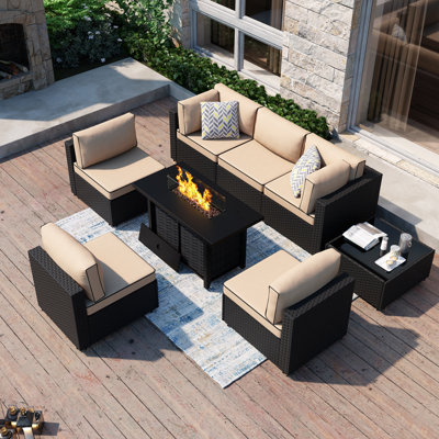 Emanie 6-Person Wicker Outdoor Seating Group with Cushions and Fire Pit