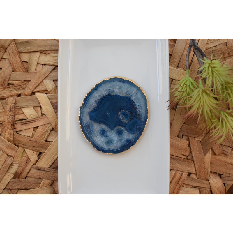 Sous-verre en agate avec bordure dorée, bleu