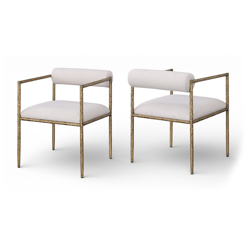Chaise rembourrée Vivianna, Laiton brossé, Tissu texturé en lin beige