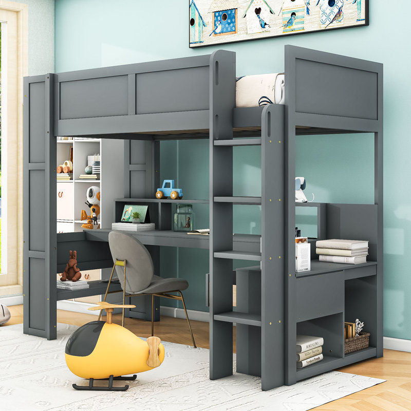 Jenri 1 Drawer Wood Loft Bed with Desk and Multi-storage Shelves and LED, Twin