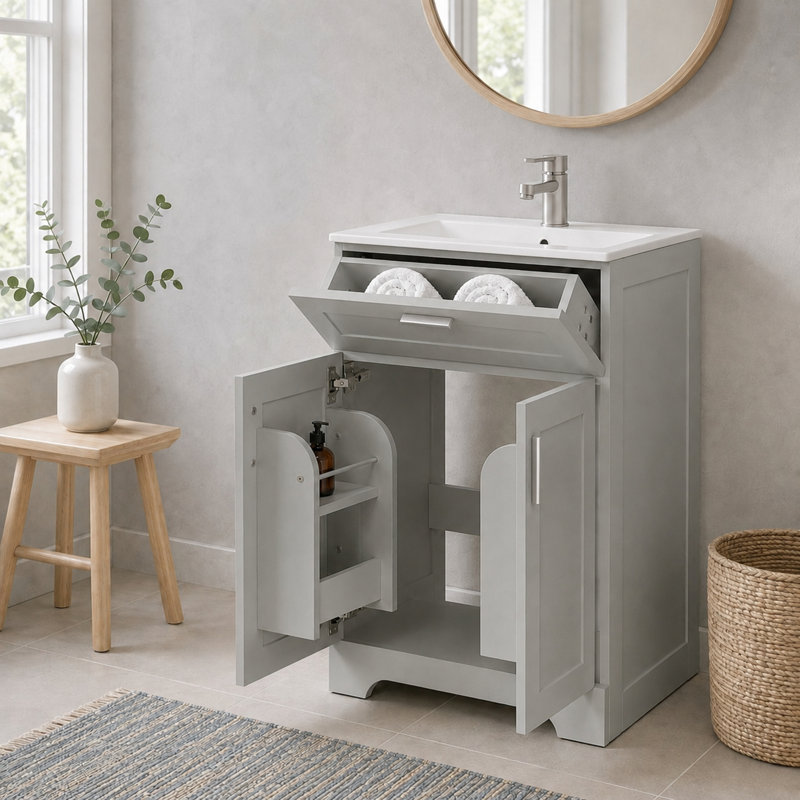 Meuble-lavabo de 61 cm (24 po) avec lavabo en céramique, rangement dissimulé et étagères réglables (sans robinetterie) - Gris